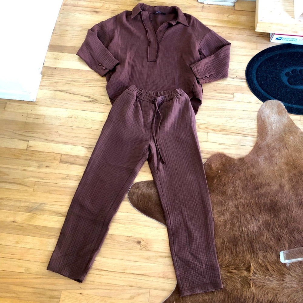 Zara Brown Women's Pants &  top set in waffle cotton blend size small